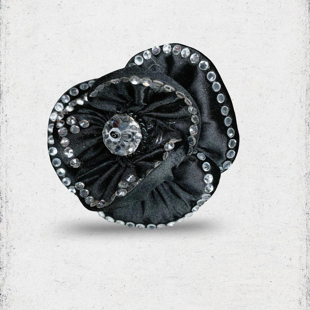 129. Black Bling Fabric Satin Flower Brooch